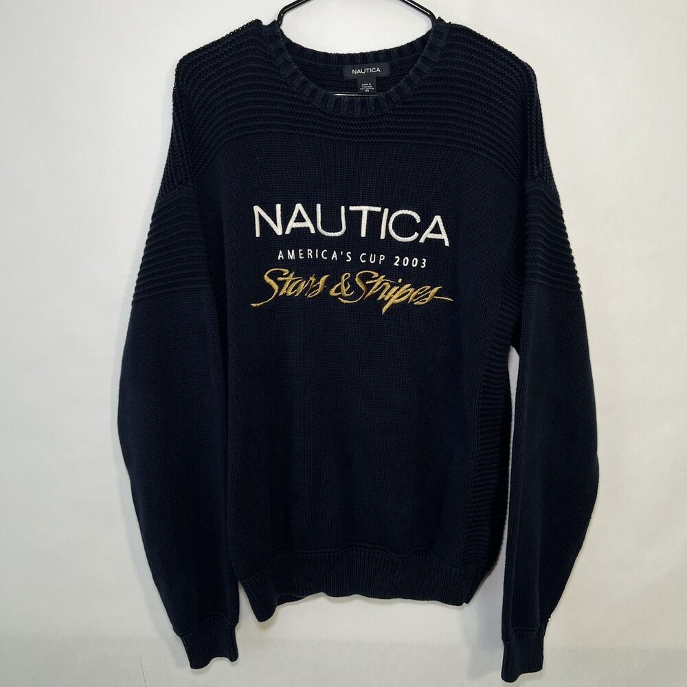 NAUTICA Navy Blue Americas Cup 2003 Stars & Stripes Long Sleeve Knit Sweater M